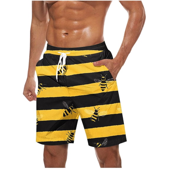 Virmaxy Men's Holiday Hawaiian Beach Shorts Trunks Board Shorts with Elastic Waist Drawstring Quick Dry Swim Trunks Shorts for The Bee Festival Yellow-1 L