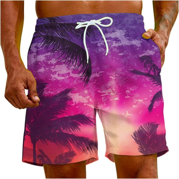 Virmaxy Men's Palm Tree Printed Beach Shorts Drawstring Fives with Pockets Special Print Beach Casual Trouser Shorts Pants Hot Pink 4XL