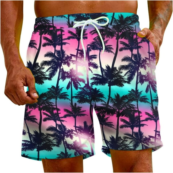 Virmaxy Men's Palm Tree Printed Beach Shorts Drawstring Fives with Pockets Special Print Beach Casual Trouser Shorts Pants Light Blue-A 5XL