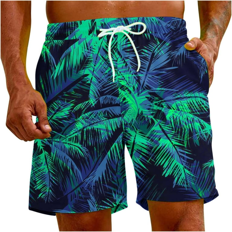 Virmaxy Men's Palm Tree Printed Beach Shorts Drawstring Fives with