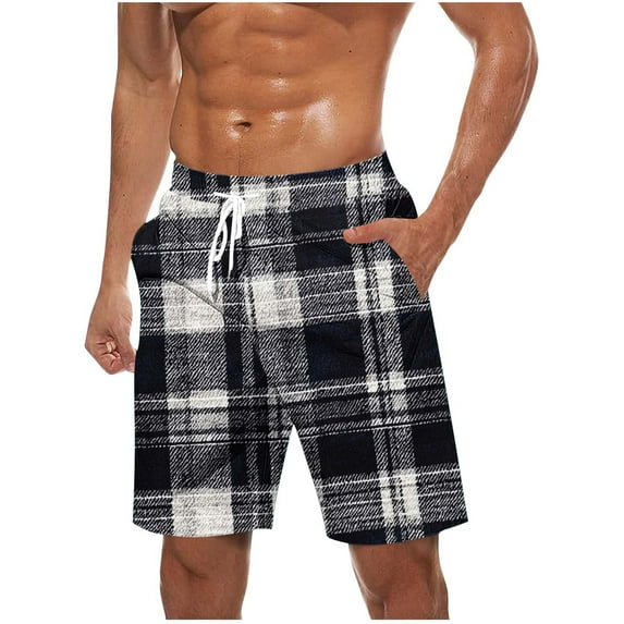 Virmaxy Men's Retro Plaid Print Swim Trunks Shorts Hawaiian Board Shorts with Elastic Waist Drawstring Quick Dry Summer Shorts for Surfing Pool Parties Black-2 M
