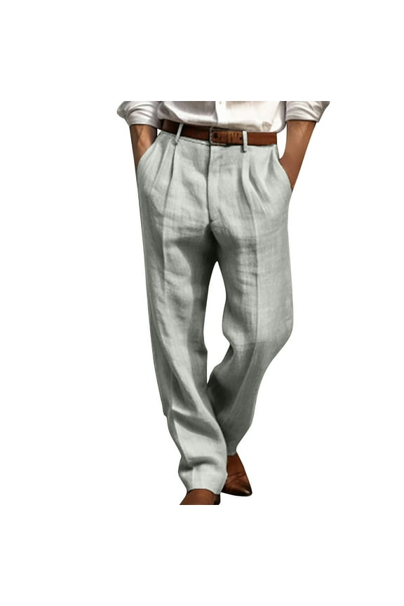 Men's Solid Color Dress Pants with Double Pleated Front Pocket Casual Straight Leg Pants Casual Loose Straight Leg Solid Pants with Double Pleated Front Pocket Gray-A XL