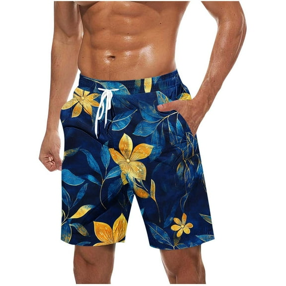 Virmaxy Men's Swim Trunks Shorts Hawaiian Breathable Board Shorts with Elastic Waist Drawstring Summer Shorts for Vacation Blue-1 L