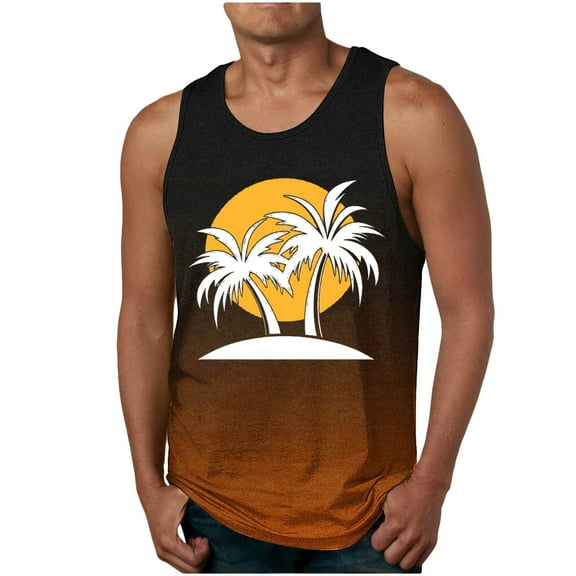 Virmaxy Men's Trendy Printed Tank Top Crew Neck Athletic Vest Workout Sleeveless Shirts Pullover Fitness Vest Performance Workout Muscle Cut Tee Tops Orange-3 S