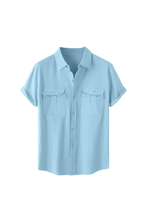 Mens 2025 New Summer Comfy Blouse Tops Solid Cotton Linen Button Open Front T-shirt with Two Pocket Lightweight Casual Short Sleeve Lapel Cardigan Light Blue L