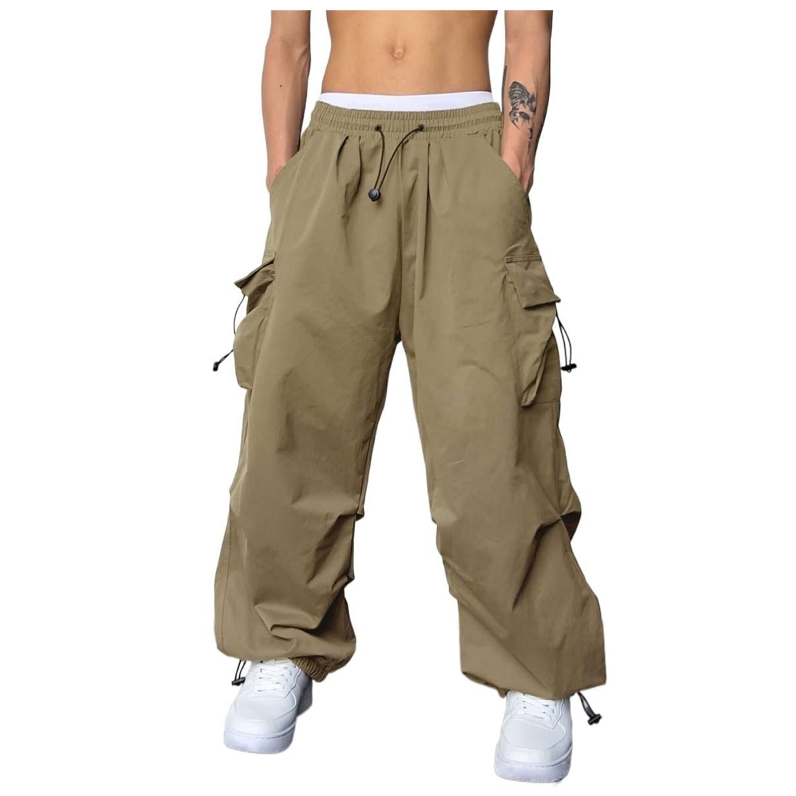 Virmaxy Mens High Waisted Wide Leg Cargo Pants Men Fashion
