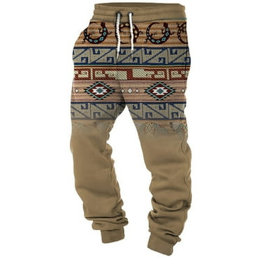 Virmaxy Mens Joggers Sweatpants Ethnic Style Printing Drawstring Pockets Elasticated Trousers Cuffed Pants Full Lenght Pants Drawstring Lounge Pants Khaki 2XL