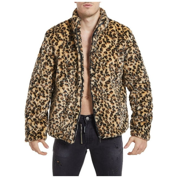 Virmaxy Mens Open Front Sherpa Cardigan Jacket Leopard Printed Faux Shearling Shaggy Jacket Cardigan Full Zip up Long Sleeve Stand-up Collar Outwear Khaki M
