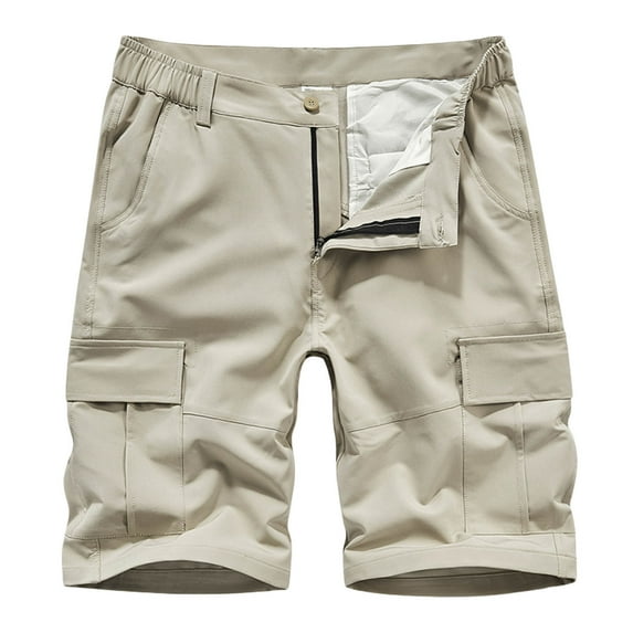 Virmaxy Mens Sports Gym Basketball Shorts Multi-Pocket Zipper Button Elastic Waist Pants Work Shorts Short Shorts Beige M