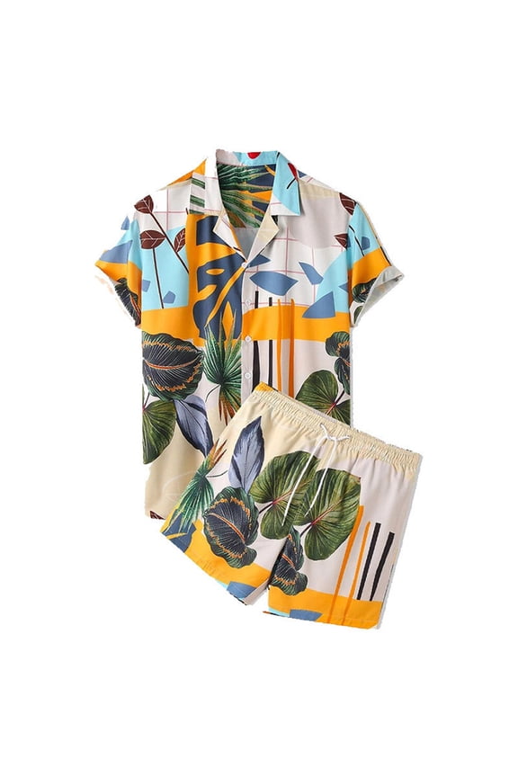 Mens Trendy Outfits 2-Piece Set Beachwear Xavier Set Tropical Printed Shirt Short Sleeve Elastic Waist Shorts Two Piece Suit Stylish and Comfortable Short Sleeve Lapel Suit Green L