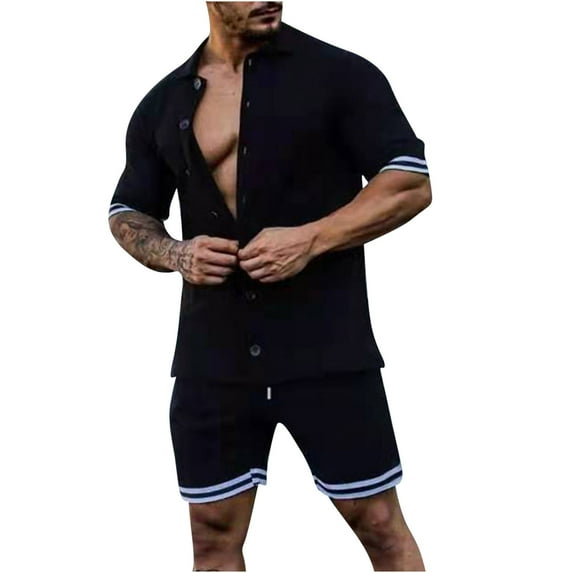 Virmaxy Mens Trendy Outfits 2-Piece Set Cardigan Set Slim Knit Short Sleeve Lapel Shorts Set Top Shorts Two Piece Set Funky Comfort Short Sleeve Lapel Set Black M