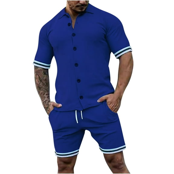 Virmaxy Mens Trendy Outfits 2-Piece Set Cardigan Set Slim Knit Short Sleeve Lapel Shorts Set Top Shorts Two Piece Set Funky Comfort Short Sleeve Lapel Set Blue S