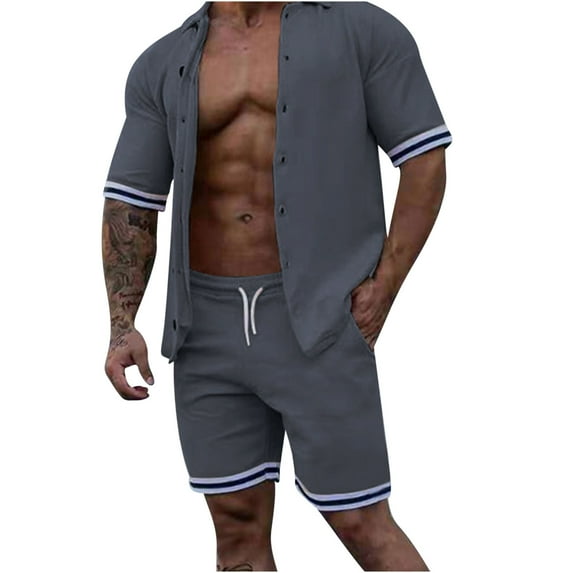 Virmaxy Mens Trendy Outfits 2-Piece Set Cardigan Set Slim Knit Short Sleeve Lapel Shorts Set Top Shorts Two Piece Set Funky Comfort Short Sleeve Lapel Set Dark Gray M