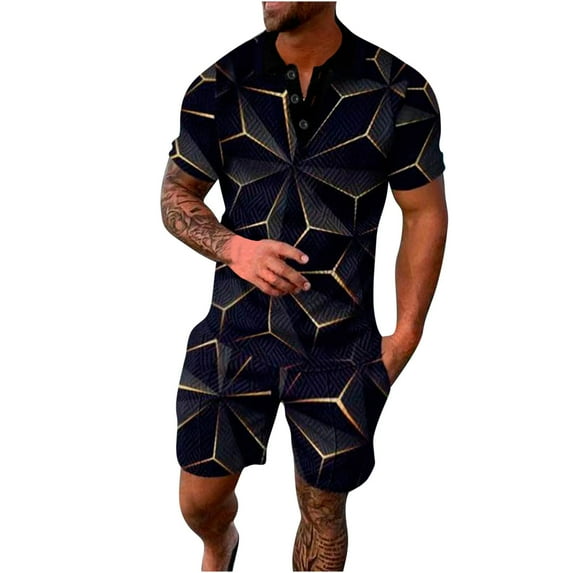 Virmaxy Mens Trendy Outfits 2-Piece Set Short Sleeve Button Down Printed T-Shirt Set Fashionable and Comfortable Short Sleeve Lapel Set Black 4xl
