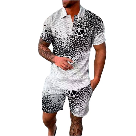 Virmaxy Mens Trendy Outfits 2-Piece Set Short Sleeve Button Down Printed T-Shirt Set Fashionable and Comfortable Short Sleeve Lapel Set Gray Xs