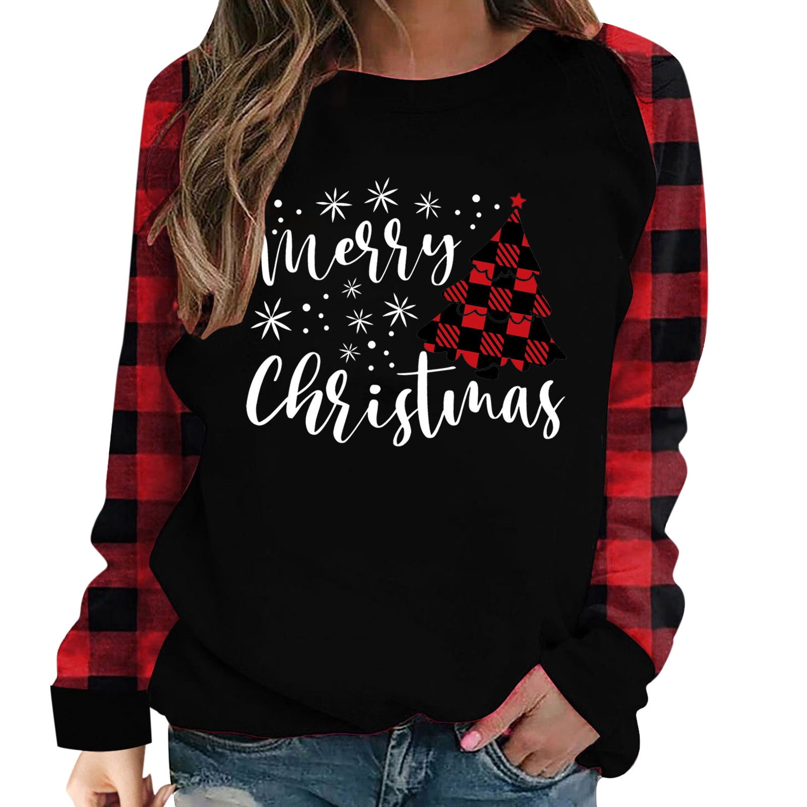 Women's long sleeve round neck plaid top Women's long sleeve round neck plaid top