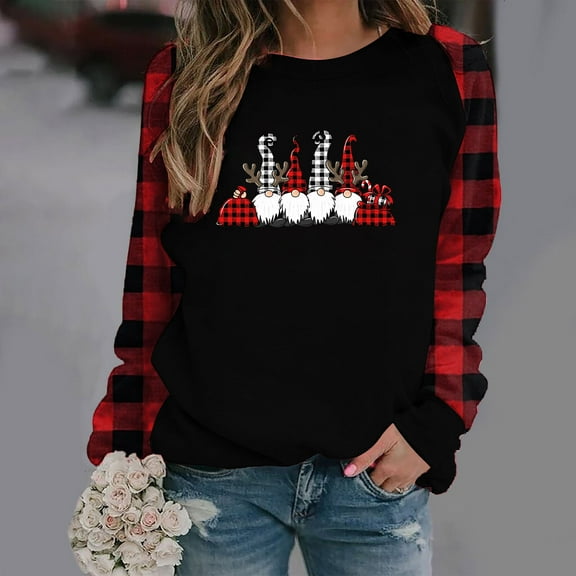 Virmaxy Merry Christmas Women's Christmas Printed Plaid Patchwork Long Sleeve Round Neck T-Shirt Top Fashion Crew Collar Pullover Shirt Winter Casual T-Shirt Blouse Tops Burgundy-B XL