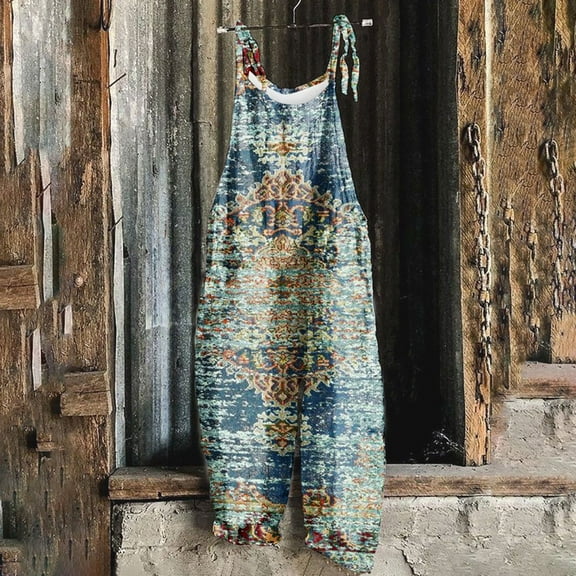 Virmaxy Overalls Women Adjustable Straps Jumpsuit Fashion Loose Print Lace Up Pants Wide Leg Pocket Jumpsuit Wide Leg Overalls For Women Loose Fit Green M