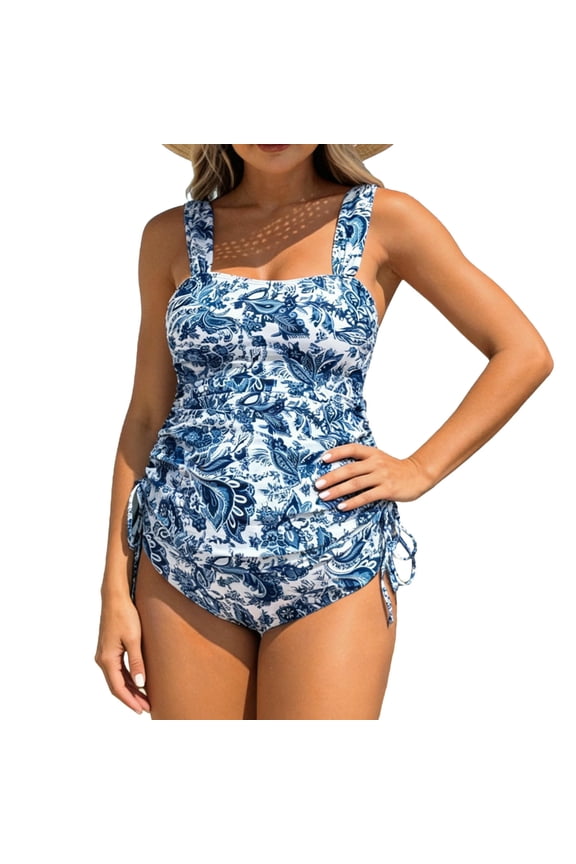 Paisley Print Maternity One Piece Swimsuit with Drawstring Adjustable Retro Style Bathing Suit for Pregnancy Beach Getaway and Poolside Relaxation,S-XL