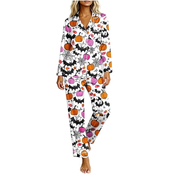 Virmaxy Pajamas for Women Set Colorful Halloween Pajama Set Pink and Orange Pumpkin Print Notch Collar Button Down Silky Sleepwear for Fall Holiday White