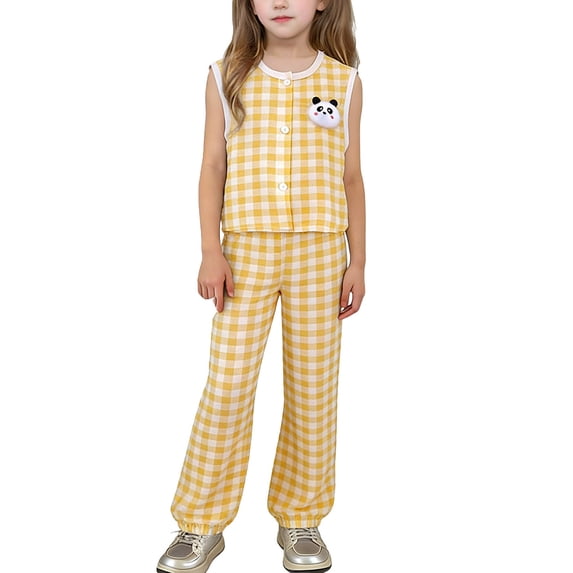 Virmaxy Panda Plaid Print Sleeveless Vest Pants Set Cute Print Two Piece Outfit Comfortable Loungewear for Daily and Casual Wear,for 3-10 Years Yellow