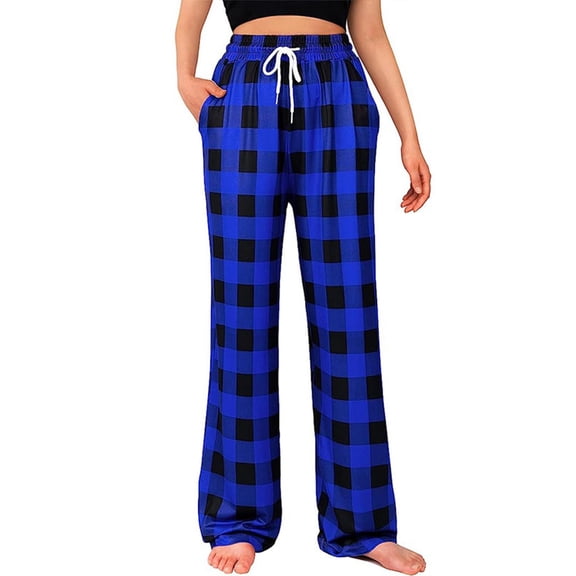 Virmaxy Plaid Graphic Wide Leg Baggy Joggers Pants with Pockets Fashion Casual Loose Pocket Drawstring Printing Trousers Pajama Pants Blue XL