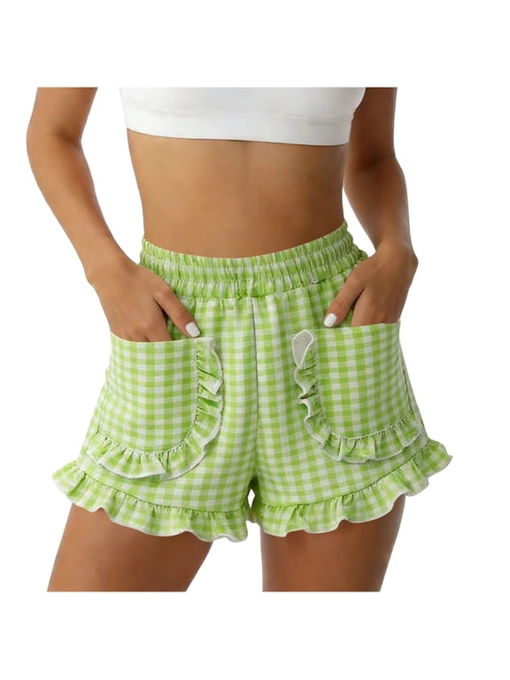 Plaid Ruffle Trim Big Pockets Cotton Shorts Elastic Waist Casual Summer Shorts with Floral Edge for Playful Everyday Wear, for 3-8 Years