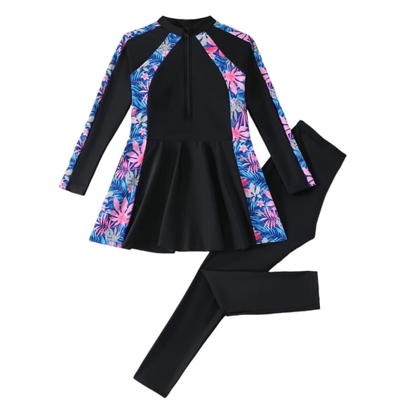 Virmaxy Plants Print Long Sleeve Rash Guard Swim Pants Set Sun Protective Two Piece Swimsuit with Peplum for Beach and Pool,for 4-12 Years