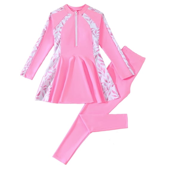 Virmaxy Plants Print Long Sleeve Rash Guard Swim Pants Set Sun Protective Two Piece Swimsuit with Peplum for Beach and Pool,for 4-12 Years