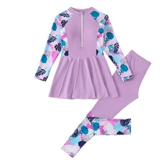 Virmaxy Plants Print Long Sleeve Rash Guard Swim Pants Set Sun Protective Two Piece Swimsuit with Peplum for Beach and Pool,for 4-12 Years