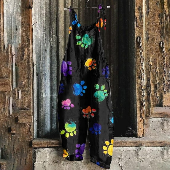 Virmaxy Plus Size Overalls For Women Loose Fit Fashion Dog Paw Print Loose Adjustable Back Pants Wide Leg Pocket Jumpsuit Green XS