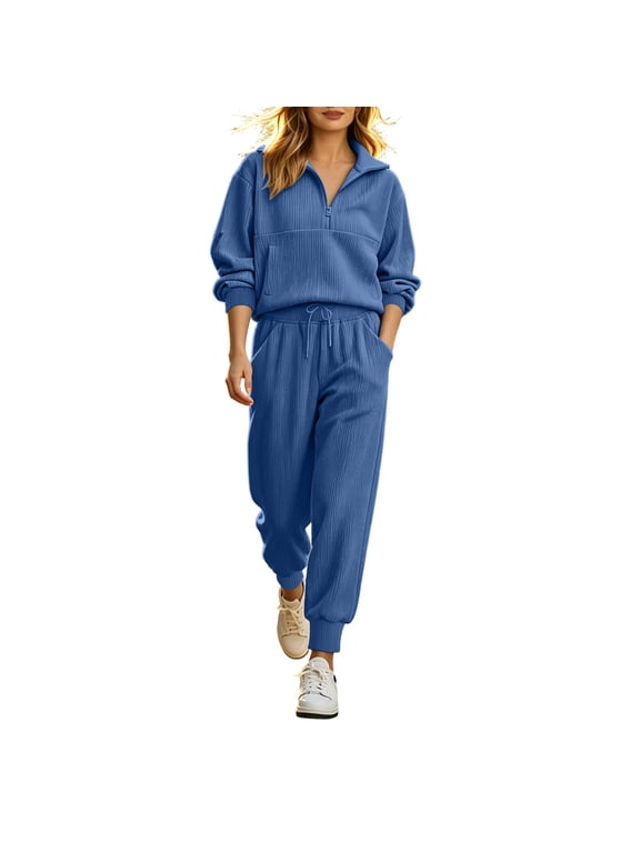 Relaxed Fit Two Piece Set Women Half Zip Ribbed Knit Long Sleeve Top High Waist Jogger Pants Matching Lounge Set with Pockets for Fall Workout Outfits