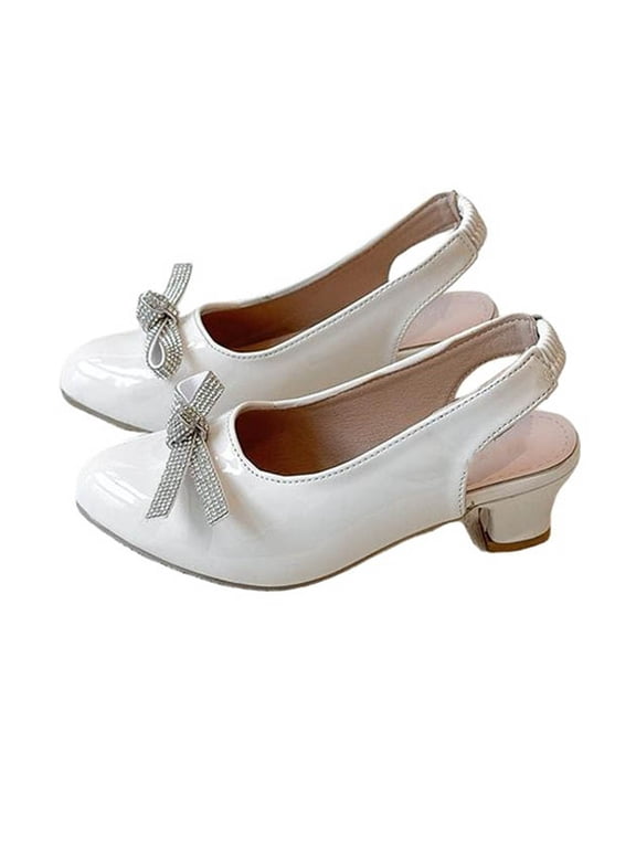Rhinestone Bow Decor Glossy Slingback Pumps Closed Toe Pull On Casual Chunky Heel Solid Color Dress Shoes for Daily Wear, for 4.5-12.5Y