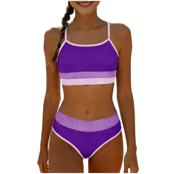 Virmaxy Ribbed Color Block Bikini Set Spaghetti Strap Round Neck Two Piece Swimsuit for Summer Swim and Water Play, for 5-14 Years