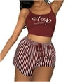 thumbnail image 1 of Virmaxy SLEEP Women's Spring Summer Pajamas Two Piece Set Letter Short Sleeve Top Plaid Shorts Set Casual Nightwear Suit 2 Piece Outfits Sling Tops Striped Boxer Shorts Sets Burgundy XS, 1 of 4