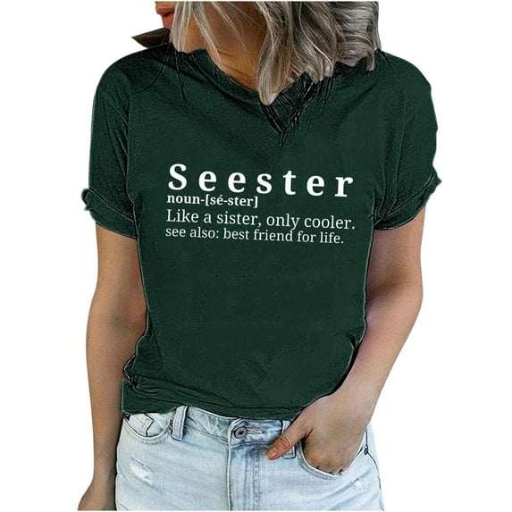 Virmaxy Seester Like a Sister Only Cooler Womens Trendy Letter Printed Tunic Tops Short Sleeve Funny Graphic Shirt Blouse Spring Summer Fashion Casual Baggy Basic Tee Dark Blue 2XL