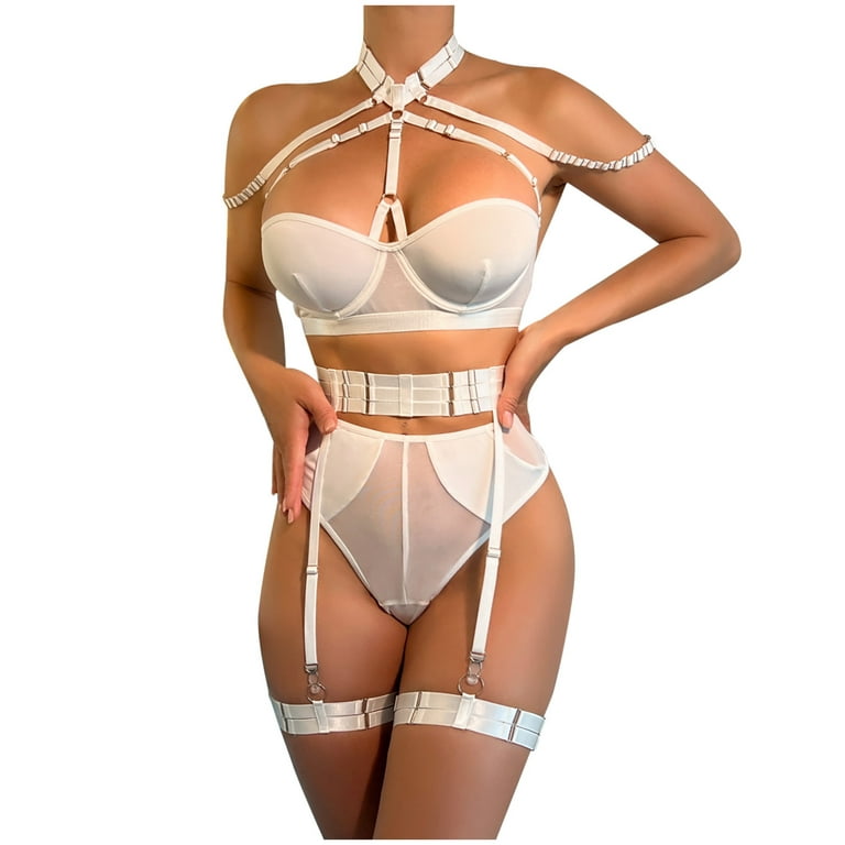 Virmaxy Sexy Lingerie for Women 2024 Naughty Lightweight Sexy Outfit  Women's Erotic Lingerie 3-Piece Set Splicing Personality Sexy Set White XS