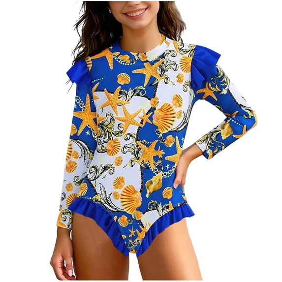 Virmaxy Shell Print Long Sleeve One Piece Swimsuit Ruffle Shoulder Detail Modest Swimwear for Water Parks and Activities Size 3-12 Shell