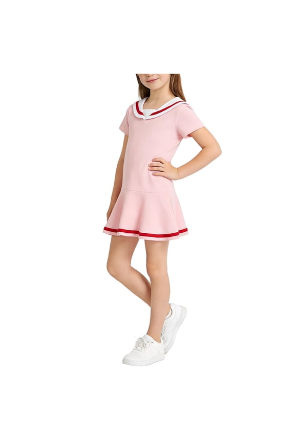 Short Sleeve Sailor Collar Cotton Dress with Flared Hem Girls' Casual Preppy Style Ruffle Dress for School Season and Summer Outings,for 3-10 Years