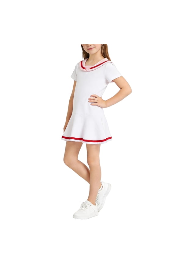 Short Sleeve Sailor Collar Cotton Dress with Flared Hem Girls' Casual Preppy Style Ruffle Dress for School Season and Summer Outings,for 3-10 Years