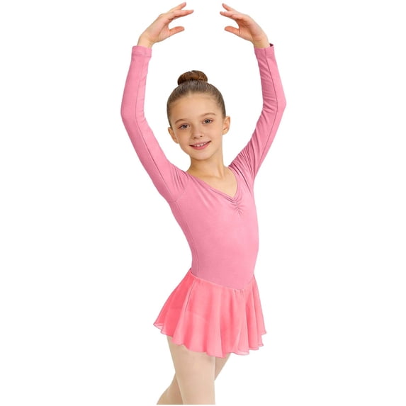 Virmaxy Solid Color Back Bow Long Sleeve V Neck Ballet Dance Dress Stretchy Easy Wear Mesh Mini Dress for Practice and Performance, for 3-15Y