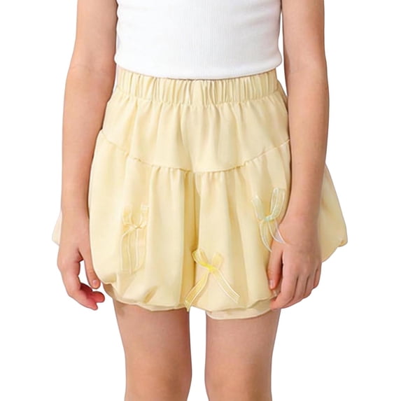 Virmaxy Solid Color Bow Bubble Shorts Soft Elastic Waist Casual Summer Bloomers Cute Versatile Play Shorts for Daily Wear and Outdoor Activities, 3-8Y