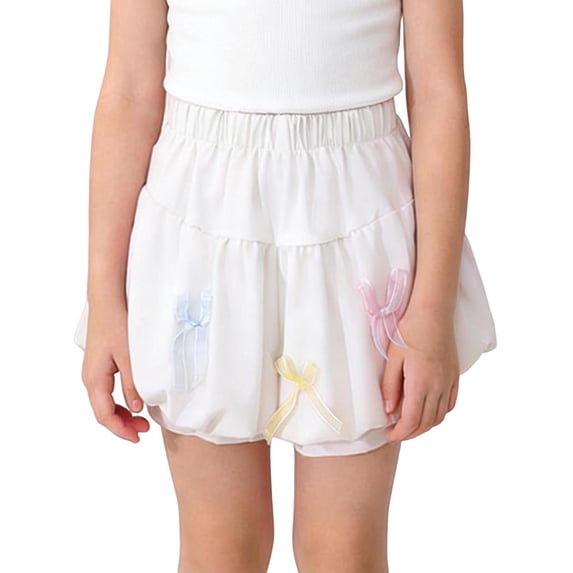 Virmaxy Solid Color Bow Bubble Shorts Soft Elastic Waist Casual Summer Bloomers Cute Versatile Play Shorts for Daily Wear and Outdoor Activities, 3-8Y