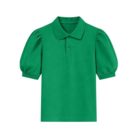 Virmaxy Solid Color Collared Puff Sleeve Short Sleeve T-Shirt with Button Girls Blouse Sweet Preppy Top for Back to School and Casual Wear,for 5-15 Years Green