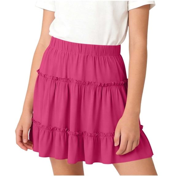Virmaxy Solid Color Elastic Waist Tiered Ruffle Skirt Casual Loose Mid Length Spring Summer Skirt for Teen Daily Wear and Casual Outings, for 5-15Y