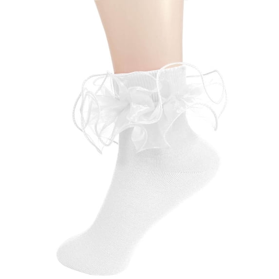 Virmaxy Solid Color Lace Ruffle Ankle Socks Soft Breathable 3D Organza Trim Mid Calf Fit for Parties and Casual Daily Wear, for 3-10 Years