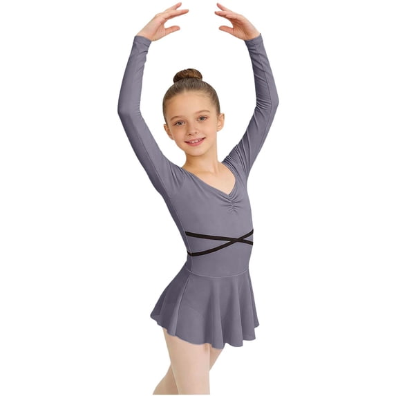 Virmaxy Solid Color Long Sleeve V Neck Ballet Dance Dress Breathable Comfort Pleated Mesh Slip Dress for Training and Performance, for 3-15Y