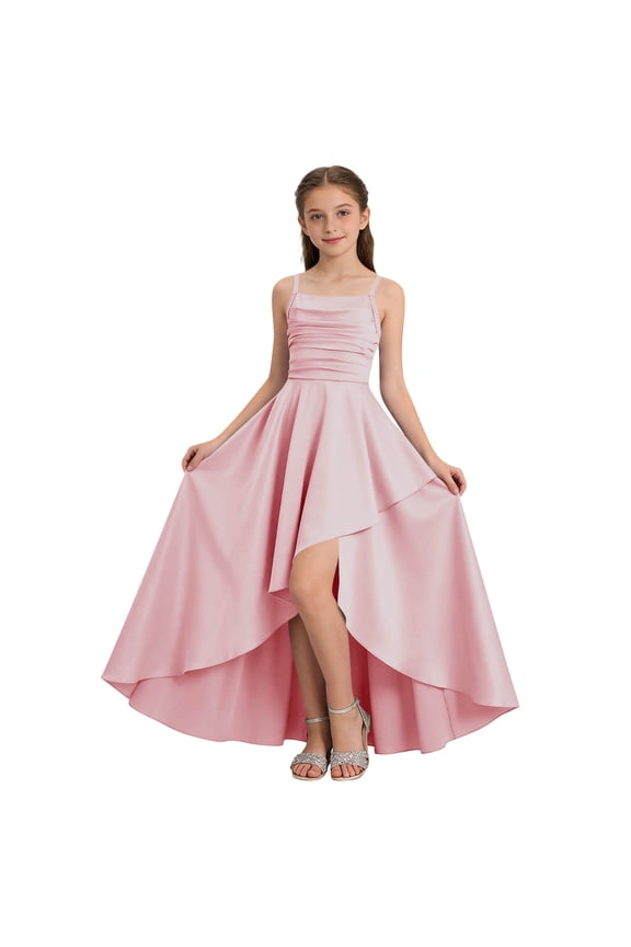 Solid Color Square Neck Ruched Bodice High-Low Maxi Dress Spaghetti Strap A Line Dress for Party Evening and Formal Events, for 5-14Y