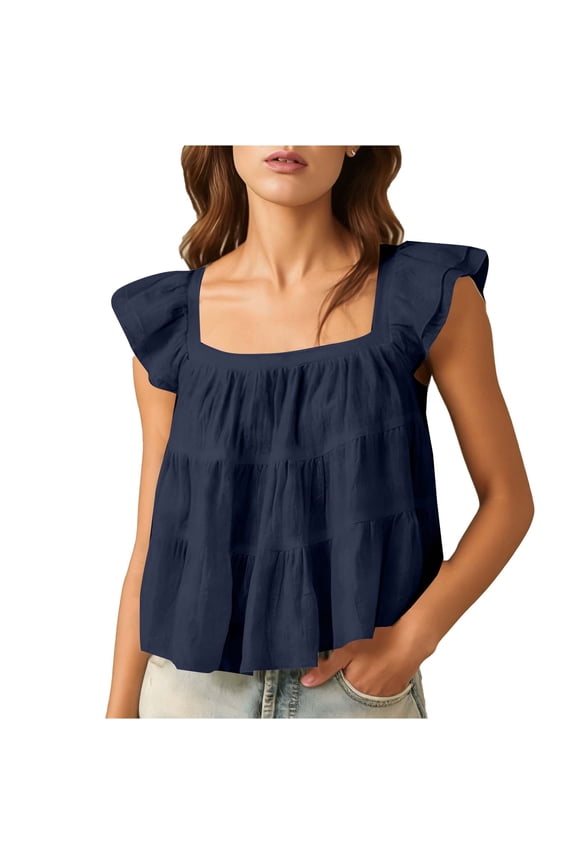 Square Neck Ruffle Sleeve Blouse Flared Hem Cotton Linen Comfy Relaxed Fit Top for Spring Summer Casual and Vacation Style, Navy