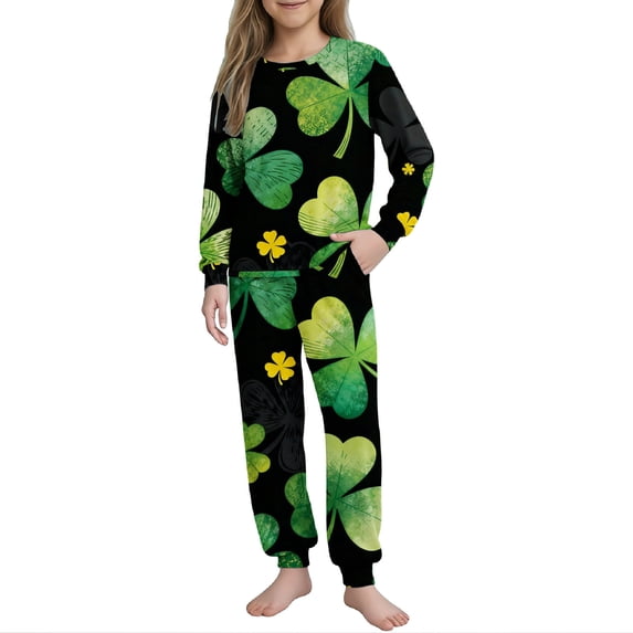 Virmaxy St Patricks Day Printed Long Sleeve Shirt Pants Set Soft Round Neck Casual Outfit for Holiday Celebration and Home Wear, for 5-16 Years Green